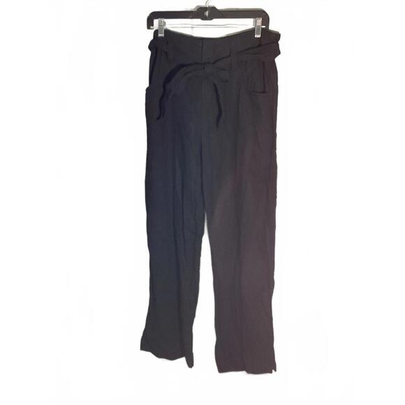 Black High-Waisted Belted Linen Blend Trousers - Versatile Casual Wear Size 8 - Picture 1 of 11